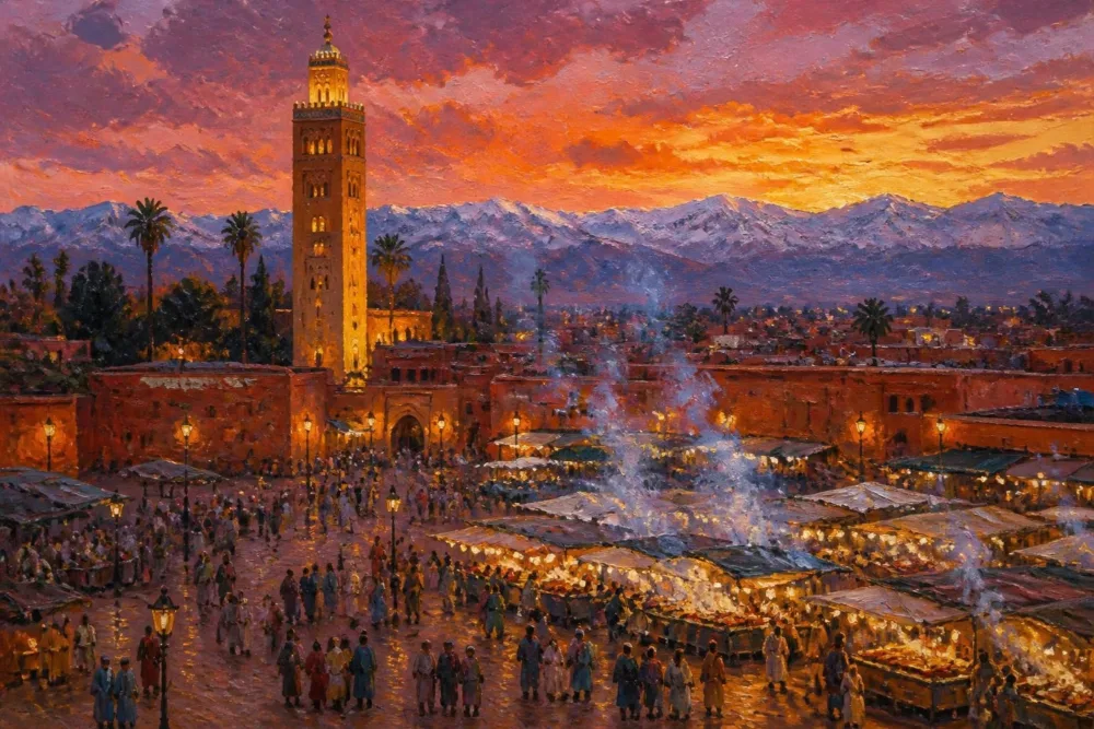 Peinture de la place Jemaa el-Fna à Marrakech au crépuscule, ses étals fumants et la Koutoubia devant l’Atlas enneigé.