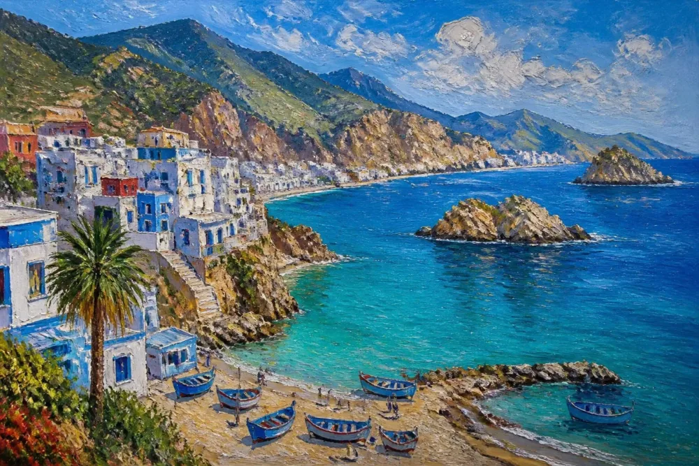 Peinture d’un village blanc et bleu au-dessus d’une crique, avec des barques sur la plage.