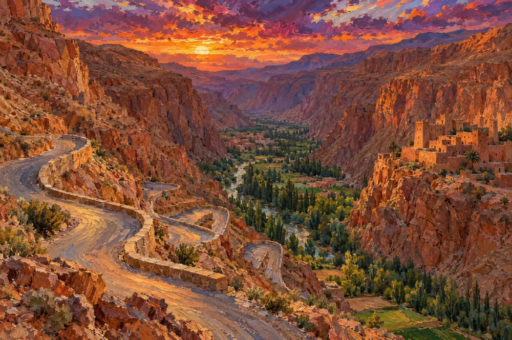 Peinture d’une route en lacets dans une vallée de l’Atlas au coucher du soleil, une rivière bordée de peupliers au fond et un village de pisé accroché à la falaise.