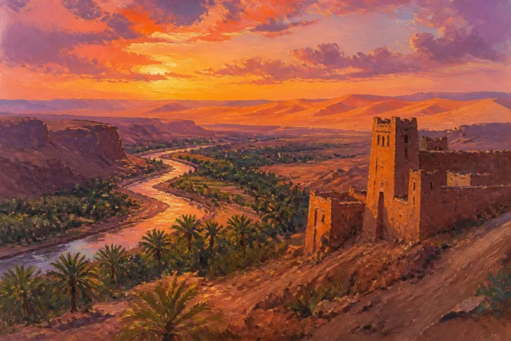Peinture d’une vallée de palmiers traversée par une rivière, avec une kasbah en pisé au coucher du soleil.