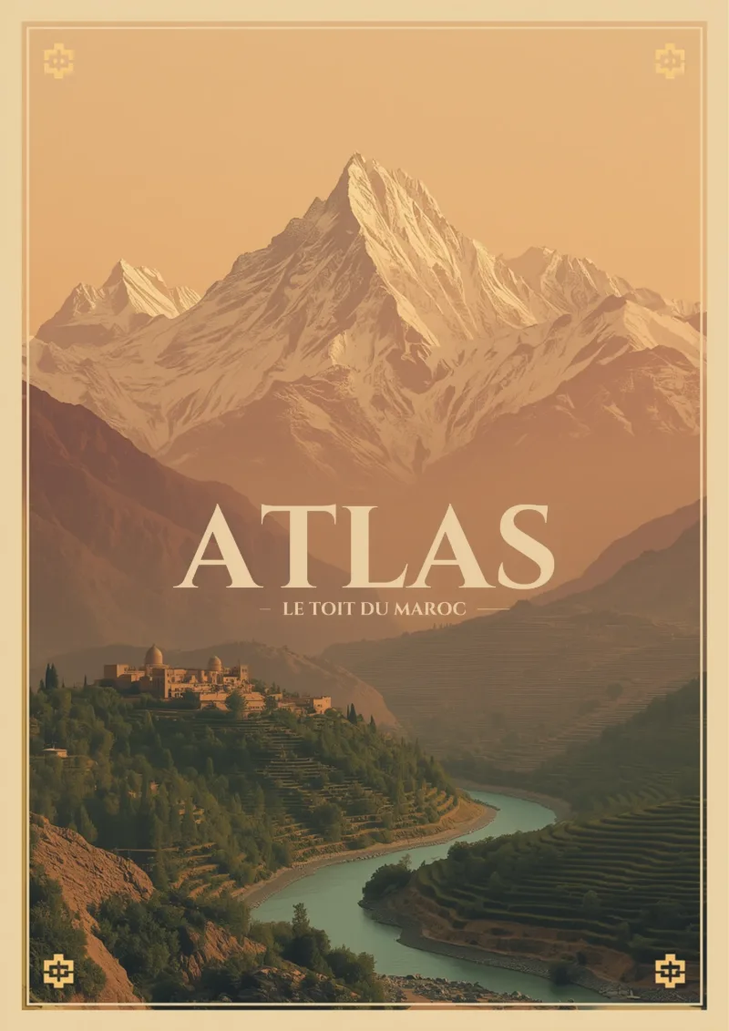 Affiche « Atlas, le toit du Maroc » : un sommet enneigé au-dessus d’une vallée en terrasses traversée par une rivière.