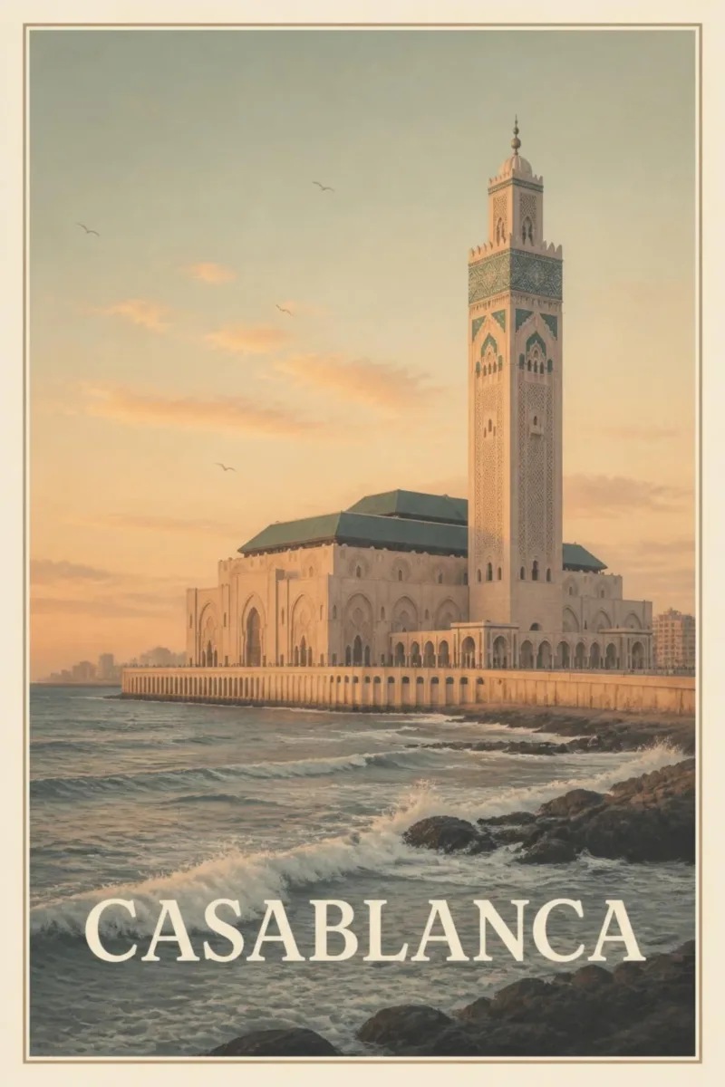Affiche « Casablanca » : la mosquée Hassan II et son minaret face à l’océan, les vagues sur les rochers au soleil couchant.