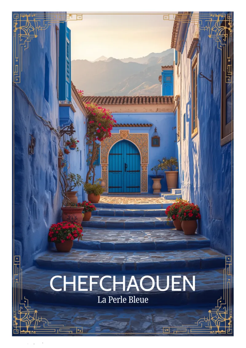 Affiche « Chefchaouen, la perle bleue » : une ruelle bleue fleurie mène à une porte sculptée, les montagnes du Rif derrière.