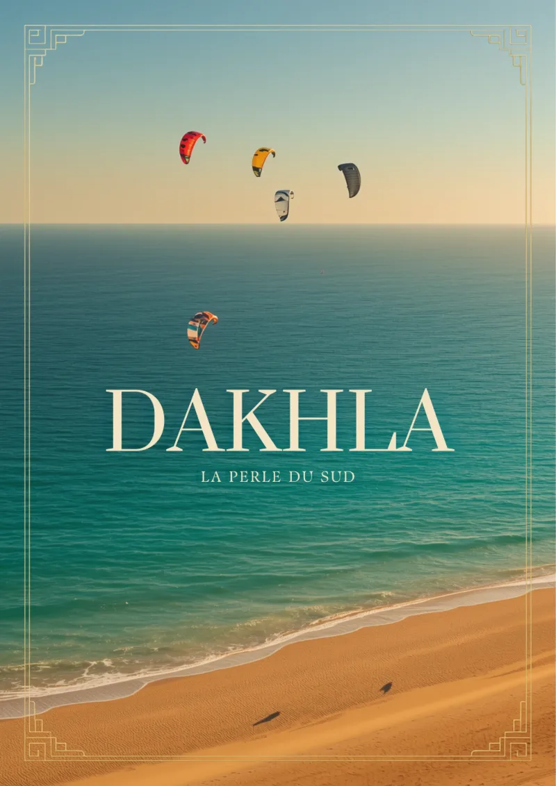Affiche « Dakhla, la perle du Sud » : des voiles de kitesurf au-dessus de l’océan et d’une plage de sable.