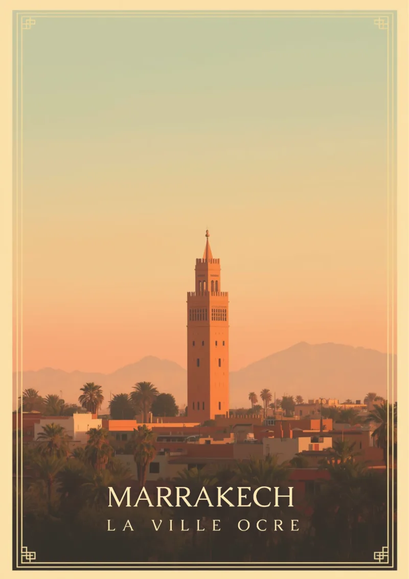 Affiche « Marrakech, la ville ocre » : le minaret de la Koutoubia au-dessus des palmiers, l’Atlas au loin.