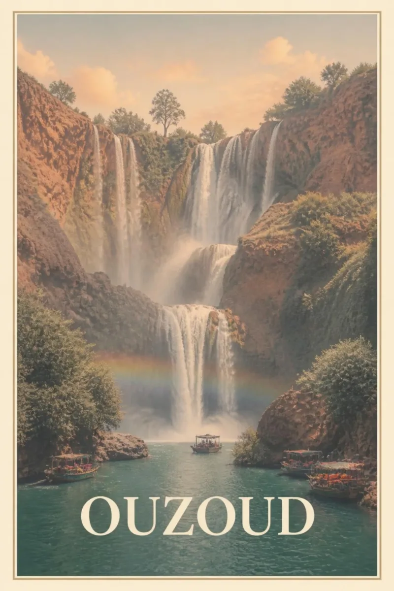 Affiche « Ouzoud » : les cascades tombent en plusieurs paliers dans un bassin turquoise où naviguent des barques, un arc-en-ciel dans les embruns.