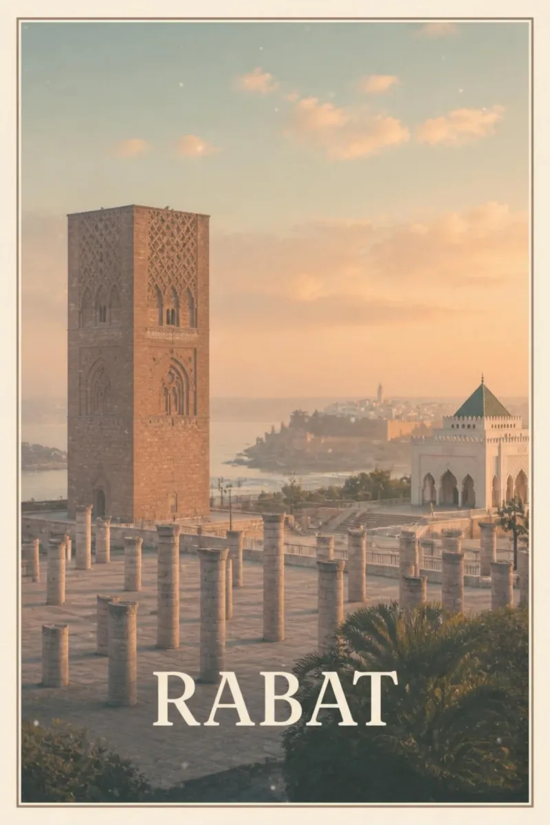 Affiche « Rabat » : la tour Hassan et ses colonnes, le mausolée Mohammed V et la kasbah des Oudayas au loin, au lever du soleil.