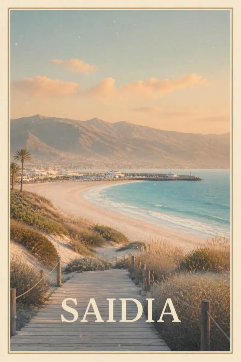 Affiche « Saïdia » : un chemin de bois descend entre les dunes vers une longue plage, la marina et les montagnes derrière.