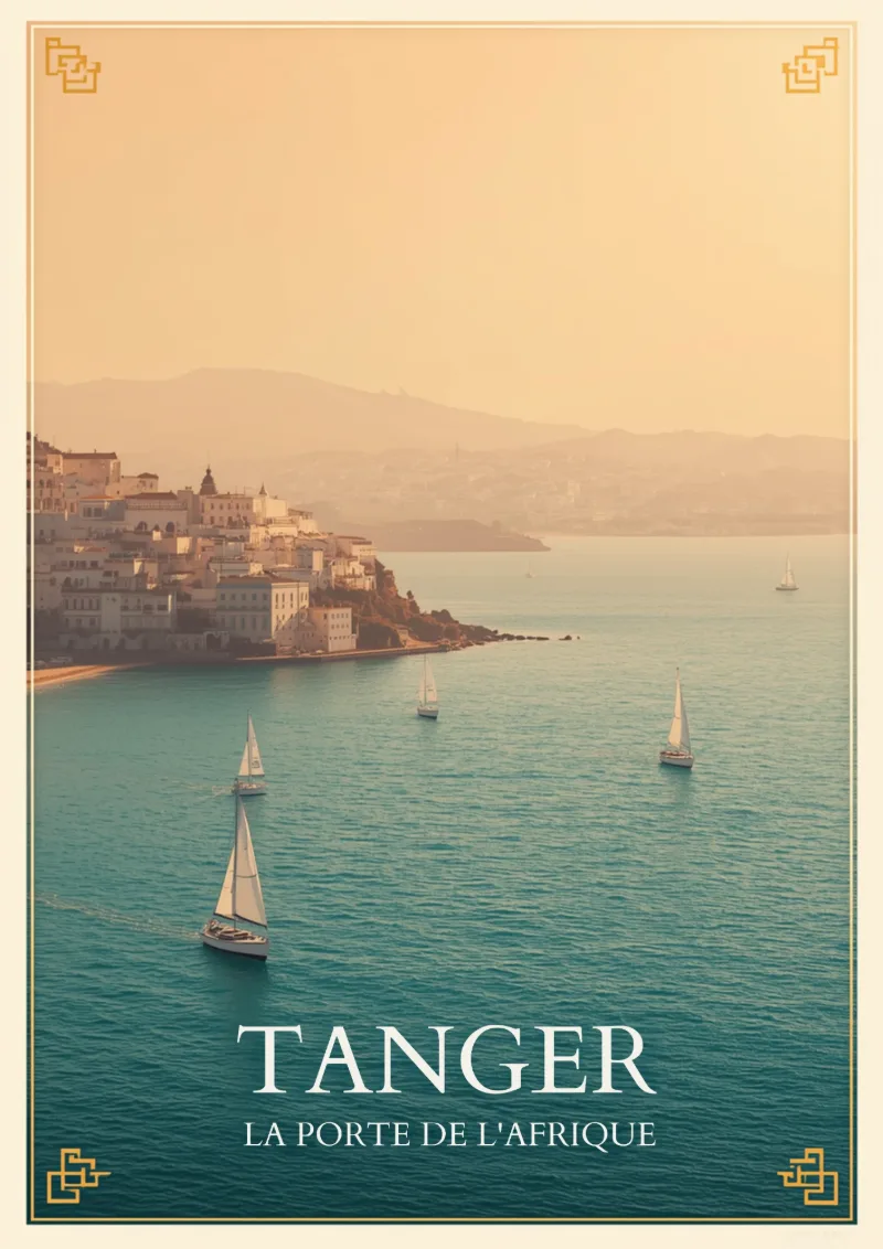 Affiche « Tanger, la porte de l’Afrique » : la ville blanche au bord du détroit, des voiliers sur la mer.